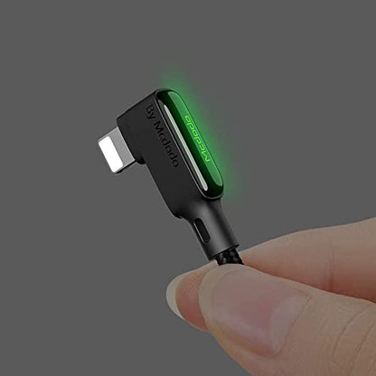 mcdodo USB 90 Degree Right Angle Design Gaming LED Cord Nylon Braided Sync Charge USB Data 6FT/1.8M Cable Compatible with iPhone 14/13/12/11 Pro Max (Black, 4FT/1.2M)