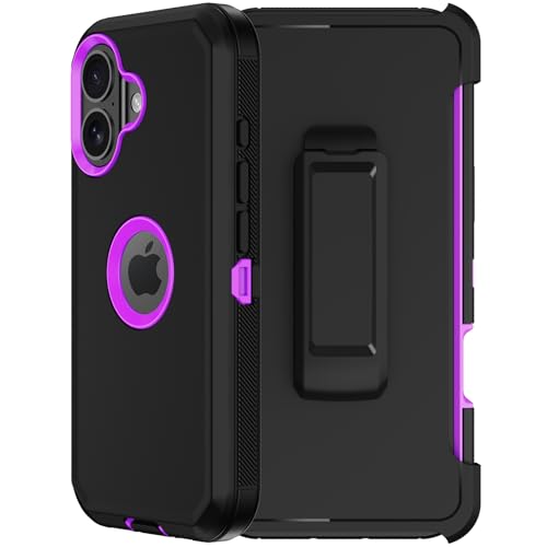 for iPhone 16 Phone Case, Military Grade Drop Protection Cell Phone Cover with Belt Clip Holster Stand, Screen Protector x2 Rugged Shockproof Kickstand for iPhone 16 Case 6.1 inch (Purple) - color: Purple