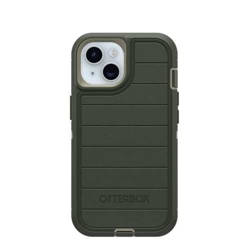 OtterBox iPhone 15, iPhone 14, & iPhone 13 (Only) Defender Series Case - Lichen the Trek (Green) - Rugged & Durable - with Port Protection - Holster Clip Includes - Microbial Defense Protection - color: Lichen The Trek (Green), style: Non-MagSafe
