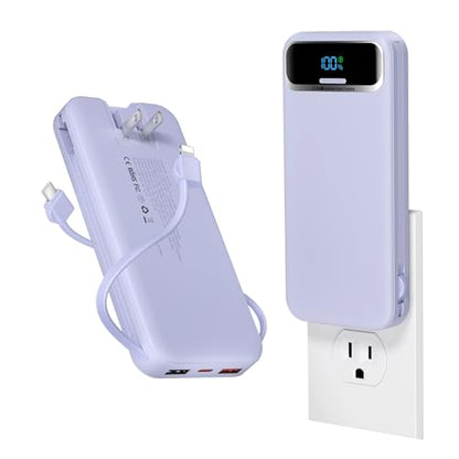 aonidi Portable Charger 12000mAh with Built-in Cables&AC Wall Plug, Purple - color: Purple