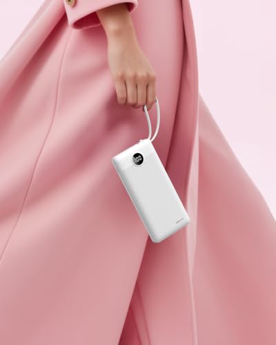 Portable Power Bank, 10000mAh Slim Portable Charger with Built-in Cables, External Battery Pack 5 Outputs 2 Inputs LED Display Compatible with iPhone/Android & More (White) - color: White