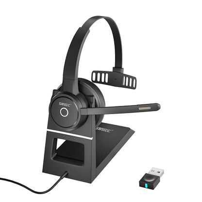 Bluetooth Headset with Noise Cancelling Microphone: Wireless Headphones with Mic Mute Charging Dock and USB Dongle for Work from Home/Office/PC/Computer/Laptop/Call Center/Zoom/Teams