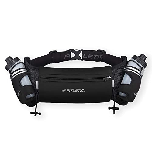 Fitletic Hydration Running Belt with Water Bottles for Men & Women – 2 Quick Flow 8oz Running Water Bottles, Patented Bounce Free Design, Water Resistant Pouch Fits All Phones – Hydra 16 - size: S/M (24"-34"), style: Black