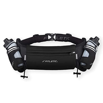 Fitletic Hydration Running Belt with Water Bottles for Men & Women – 2 Quick Flow 8oz Running Water Bottles, Patented Bounce Free Design, Water Resistant Pouch Fits All Phones – Hydra 16 - size: S/M (24"-34"), style: Black