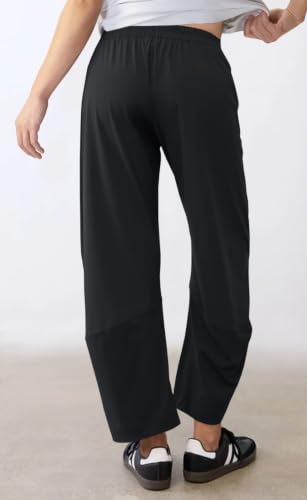 Womens Barrel Travel Pants Elastic Waist Baggy Ankle Pants with Pockets - color: Stretchy-black, size: X-Large