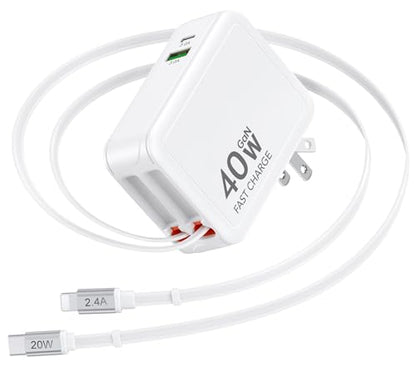 4-in-1 Retractable USB C Wall Charger, Fast Charging USB C &Lightning Cable - color: B-White
