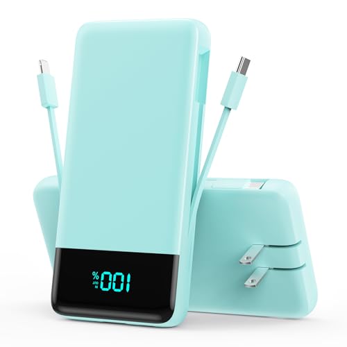 Portable Charger Power Bank for iPhone with Built-in Cables and AC Wall Plug, 13800mAh Ultra Slim Travel Essentials,USB C Fast Charging External Battery Pack for iPhone 17/16/13,Galaxy,Android-Green - color: Green