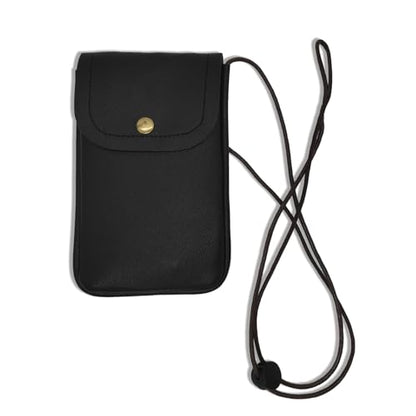 Cell Phone Pouch for Around the Neck Black PU Leather Necklace Holder with Adjustable Lanyard Flip Case and Carrier for Small Travel Purse and Credit Card Holder Hands-Free Mobile Bag