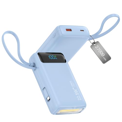 Nusyddy Portable Charger 27000mAh 22.5W w/Built-in Cable & LED Display Blue - color: Blue