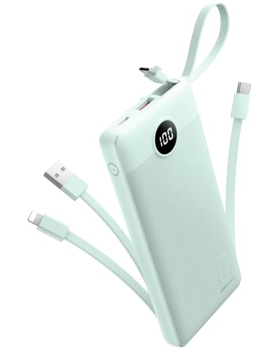 Portable Chargers 10000mAh, Slim Travel Essentials Power Bank, 5 Outputs 2 Inputs LED Display External Battery Pack with Built-in Cables Compatible with iPhone/Android & More (Teal) - color: Teal