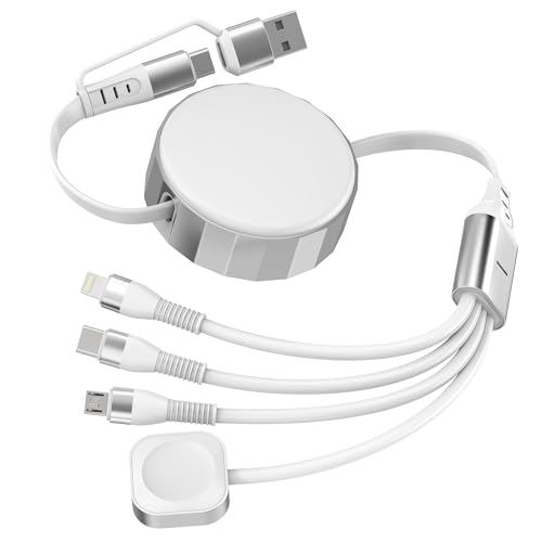 Retractable Apple Watch Charger - 100W 4 in 1 Retractable Charging Cable with USB-C, Lightning, Micro USB & Apple Watch Charger for iWatch/iPhone 17/16/15/14/13/12/Android/iPad/Tablet/Laptop, White