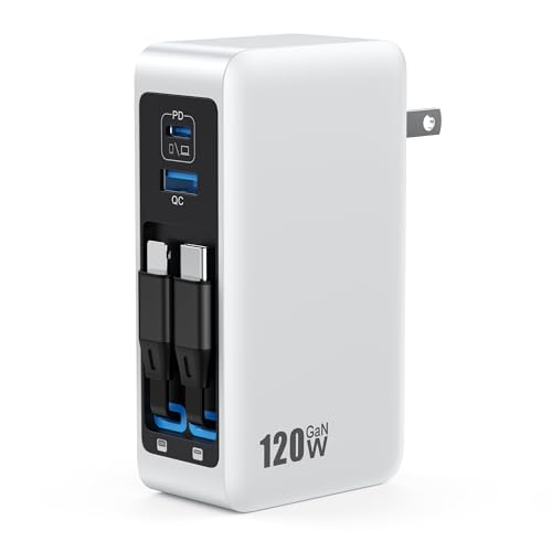 120W USB C Charger Block with 2 Built-in Retractable Cables,4-in-1 GaN IV Foldable Plug Wall Charger Fast Charging Station,PD 65W Laptop Adapter for MacBook/iPad,iPhone 17/16/15/14,Galaxy,Android etc - color: A-White, size: 120W