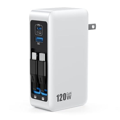 120W USB C Charger Block with 2 Built-in Retractable Cables,4-in-1 GaN IV Foldable Plug Wall Charger Fast Charging Station,PD 65W Laptop Adapter for MacBook/iPad,iPhone 17/16/15/14,Galaxy,Android etc - color: A-White, size: 120W