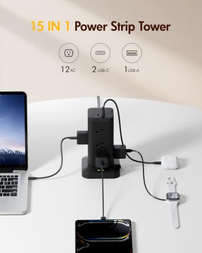 12AC 3USB Power Strip Tower Surge Protector 1800J, 6ft, Black, 1 - color: Black, size: 6ft