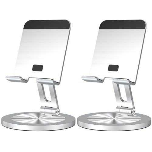 Phone Stand for Desk, 360° Rotating Dual Adjustable Foldable Cell Phone Holder, Heavy Solid All-Aluminum Base Anti-Slip Stable Support for Home Office Study, Fits iPhone Galaxy 4-8" Phones - color: Silver+Silver
