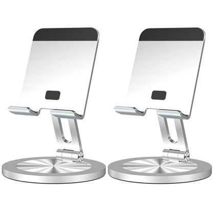 Phone Stand for Desk, 360° Rotating Dual Adjustable Foldable Cell Phone Holder, Heavy Solid All-Aluminum Base Anti-Slip Stable Support for Home Office Study, Fits iPhone Galaxy 4-8" Phones - color: Silver+Silver