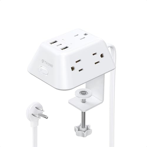 TROND Desk Clamp Power Strip, Desk Mount Charging Station with 5 AC Outlets - color: White, size: 6FT (2U1C)