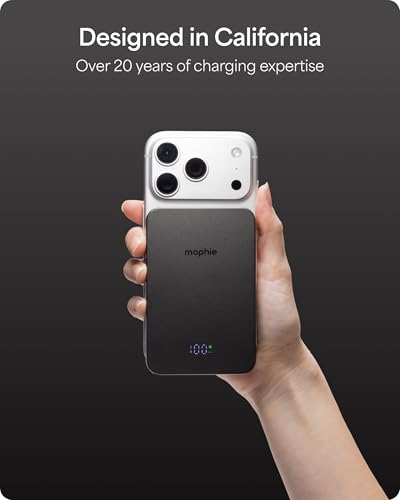 Mophie Powerstation Prime Wireless 5K Power Bank - Magnetic Wireless Portable Charger 5,000mAh Internal Battery External Battery Pack Slim Profile Travel Power Bank with Hidden Digital Display - Gray