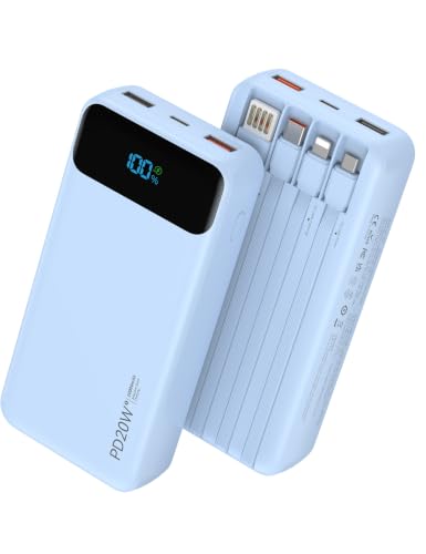 Nusyddy Portable Charger 20000mAh with 4 Built-in Cables & 6 Outputs Blue - color: Azure