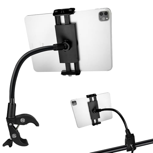 Tablet Holder Mount, Adjustable Gooseneck Arm Clamp for Treadmill/Indoor Cycle/Stroller/Wheelchair/Boat, Compitable with 4.7-13" Tablet/Phone/Kindle/Switch
