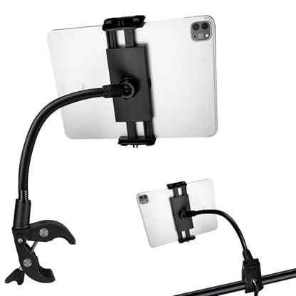 Tablet Holder Mount, Adjustable Gooseneck Arm Clamp for Treadmill/Indoor Cycle/Stroller/Wheelchair/Boat, Compitable with 4.7-13" Tablet/Phone/Kindle/Switch