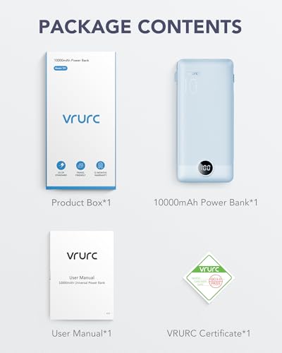 VRURC Portable Charger, Power Bank Built-in Cables and AC Wall Plug - color: Blue