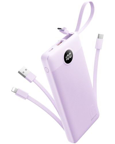 Portable Charger with Built-in Cable, 10000mAh Slim USB C Power Bank, External Battery Pack 5 Outputs 2 Inputs LED Display Compatible with iPhone/Android & More (Lavender) - color: Lavender