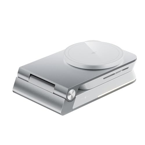 Aluminum 3 in 1 Wireless Charging Station,Foldable Wireless Charger for Apple Magsafe with Light,Portable Travel Magnetic Charger Stand for iPhone 17/16/15/14,Watch,Airpod,with PD 20W Adapter & Case - color: Silver