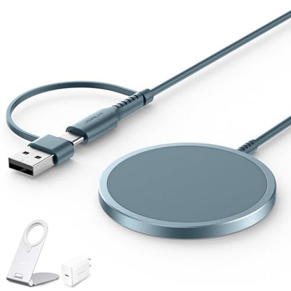 JSAUX Magnetic Wireless Charger Compatible with MagSafe Charger iPhone 16/15/14/13/12 Series, Wireless Mag Safe Charging Pad (Blue) with 20W PD Adapter and Desktop Stand - color: Blue-Full Set