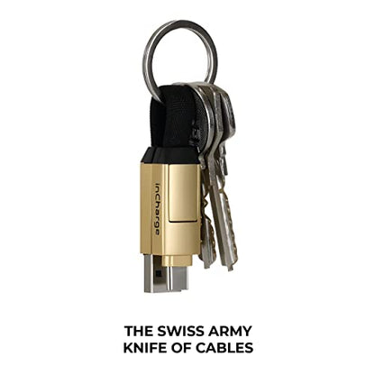 Rolling Square inCharge 6 - Keychain USB C Charger Cable, Lightning Cable and Micro-USB for Smartphone, Universal Cable Charger 6 in 1, USB Plug, 15W, Gold - color: Gold