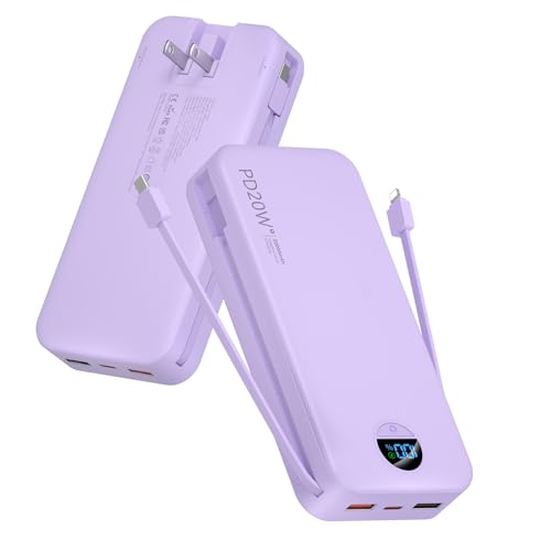 citicr Portable Charger 20000mAh PD20W w/Built-in Cables & Wall Plug Purple - color: Violet
