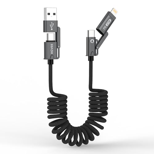 AGVEE 9ft 4-in-1 Coiled Multi Charging Charger Data Transfer Cable - color: Black, size: 9ft
