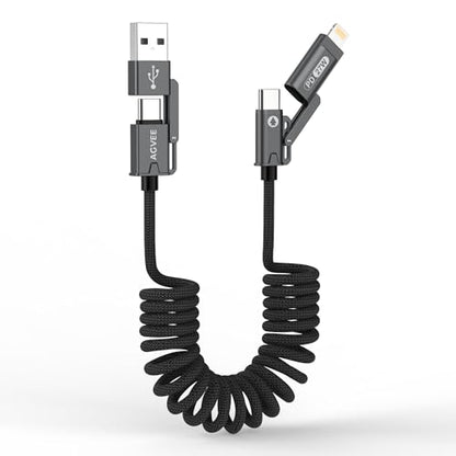 AGVEE 9ft 4-in-1 Coiled Multi Charging Charger Data Transfer Cable - color: Black, size: 9ft