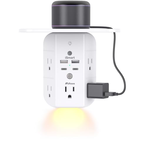 Mifaso Outlet Extender with Shelf and Night Light, 1800J Surge Protector - color: White, size: 2C2A