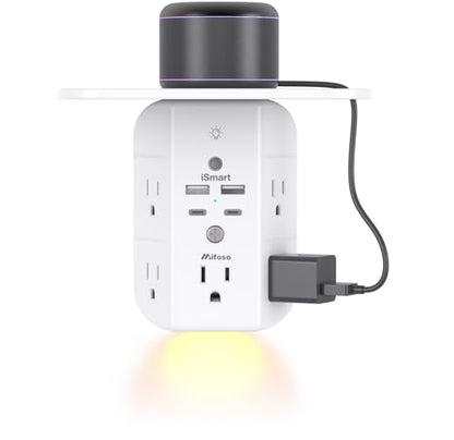 Mifaso Outlet Extender with Shelf and Night Light, 1800J Surge Protector - color: White, size: 2C2A