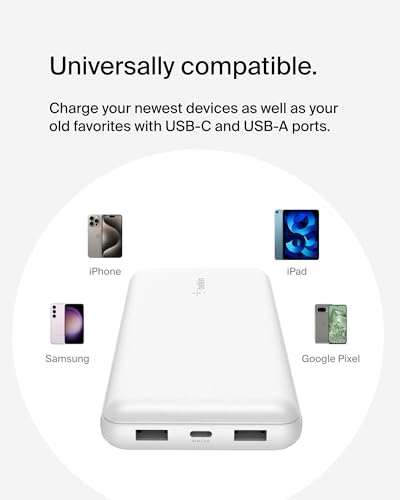 Belkin 20000mAh 15W 3 Port Power Bank, USB A to USB C Cable Included - color: White