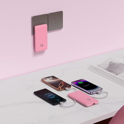 Portable Charger with Built-in Cables and AC Wall Plug, USB C External Battery Pack, 10000mAh Travel Essentials Power Bank Compatible with iPhone17/16/15/14/13, Samsung Galaxy, Pixel,Tablet and More - color: Light Pink