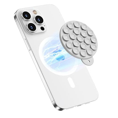 Magnetic Suction Cup Phone Mount with MagSafe, Silicone Hands-Free Grip Holder for iPhone Case and Android, Mirror Shower Phone Stand for Makeup FaceTime Gym Kitchen Bathroom, Light Gray - color: Light Gray