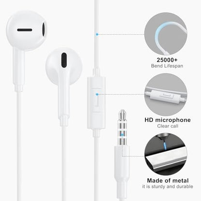 2 Pack Wired Earbuds with 3.5mm AUX Plug Headphones,Earphones with Microphone, Corded for 3.5mm Jack Ear Buds for iPhone, Samsung, Computer, Laptop, School Students, Women, Small Ear (White) (White)
