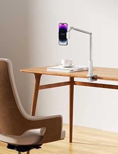 JSAUX Phone Holder for Desk & Bed, Telescopic Arm Clamp for iPhone, White - color: White