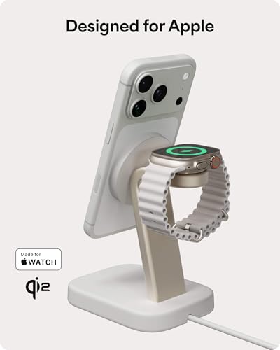 Mophie 2-in-1 Wireless Charging Stand - Qi2-Certified, MagSafe Charger for iPhone & Apple Watch – Fast Charging Station with Adjustable Phone Stand & Cable Management – Up to 15W Power - color: White, size: 2-in-1 iPhone/ Apple Watch Charging Stand