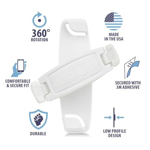 SpiiderGriip 360 Rotating Phone Grip – Flat-Fold Kickstand & Secure Strap – Works with iPhone, Android, Tablets & Cases – Comfortable & Durable (White) - color: White