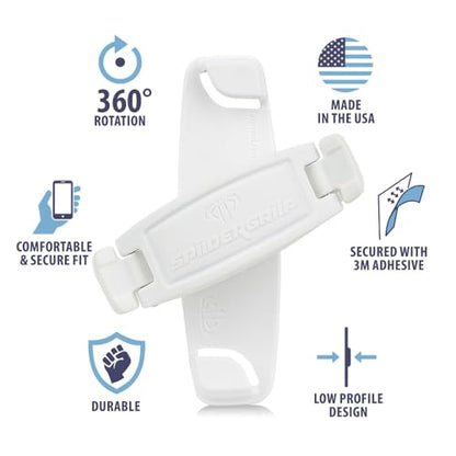 SpiiderGriip 360 Rotating Phone Grip – Flat-Fold Kickstand & Secure Strap – Works with iPhone, Android, Tablets & Cases – Comfortable & Durable (White) - color: White