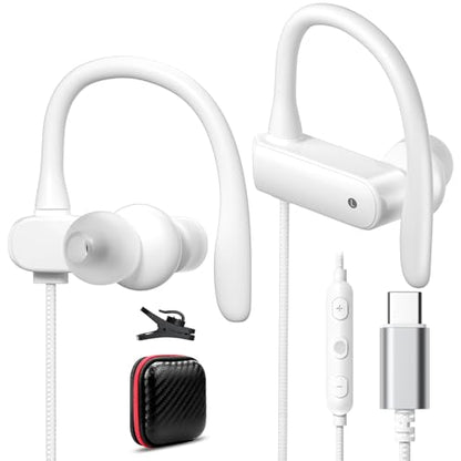 APETOO USB C Headphones Earbuds with Earhook Mic & Volume Control White - color: White