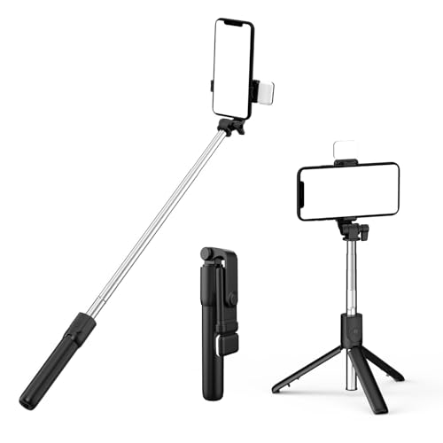 PINHEN Selfie Stick Tripod with Light, Extendable 360° Rotation Tripod Stand with Detachable Wireless Remote 3 in 1 Portable Mobile Phone Holder Compatible with iPhone Android Sansung(Black+Light) - color: Black+ light