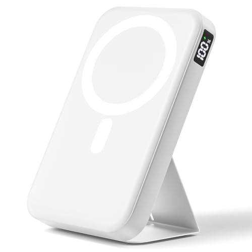 Magnetic Portable Charger, 10000mAh Power Bank with Leather Foldable Stand - color: Ivory White