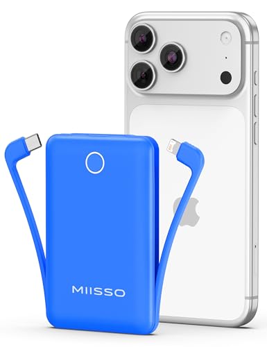 miisso 10000mAh Mini Portable Charger with Built in Cable, Deepblue - color: Deepblue