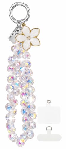 Cute Phone Wrist Strap Chic Beaded Cellphone Lanyard Phone Charm Grip Strap - color: White Flower Crystal