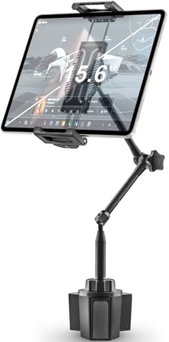 Tablet Holder for Car Cup Holder, [Full Motion Swivel 19.7" Height] Metal Tablet Car Mount for Truck, for iPad Pro Air Mini, Galaxy Tab, Z Fold, Fire, iPhone, 6-15.6" Devices, Cars Trucks SUVs