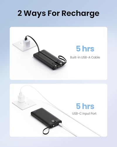 Portable Charger with Built-in Cables, Slim 10000mAh Power Bank with USB C, Travel Essentials External Battery Pack 5 Outputs 2 Inputs LED Display Compatible with iPhone/Android & More(Black) - color: Black